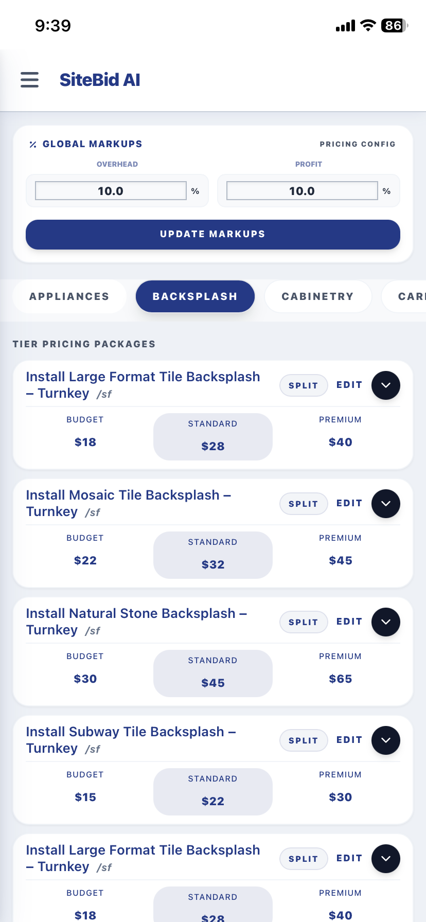 Backsplash Pricing Tiers